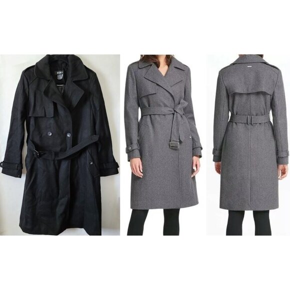 Dkny Jackets & Blazers - DKNY Double Breasted Trench Coat Wool Blend Size 14 Black Belted Waist NEW